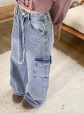 Turbine Strap Cargo Pocket Washing Denim Long Wide Pants