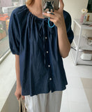 Demins Ribbon Button Denim Short Sleeve Blouse