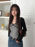 Cotter Punching Stripe Sleeveless Cardigan Set