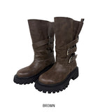 +6cm Vintage Crack Buckle Studded Mid Boots