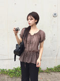 Rimae See-Through Frill Shirring Ribbon Short Sleeve Blouse