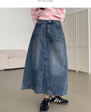 Simple Casual A-line 4-season Curved Line Denim Long Skirt