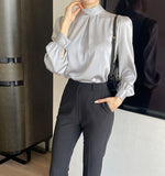 Huberin Satin Pintuck Ribbon Tie Blouse