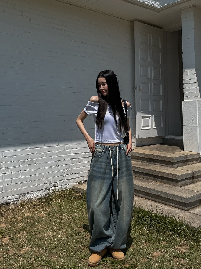 【U LAN】Fit String Banded Balloon Denim Pants U LAN (ユーラン) - フィットストリングバンディングバルーン