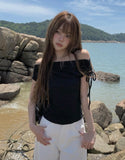Nob Shirring Off-shoulder Ribbon Short Sleeve T-shirt