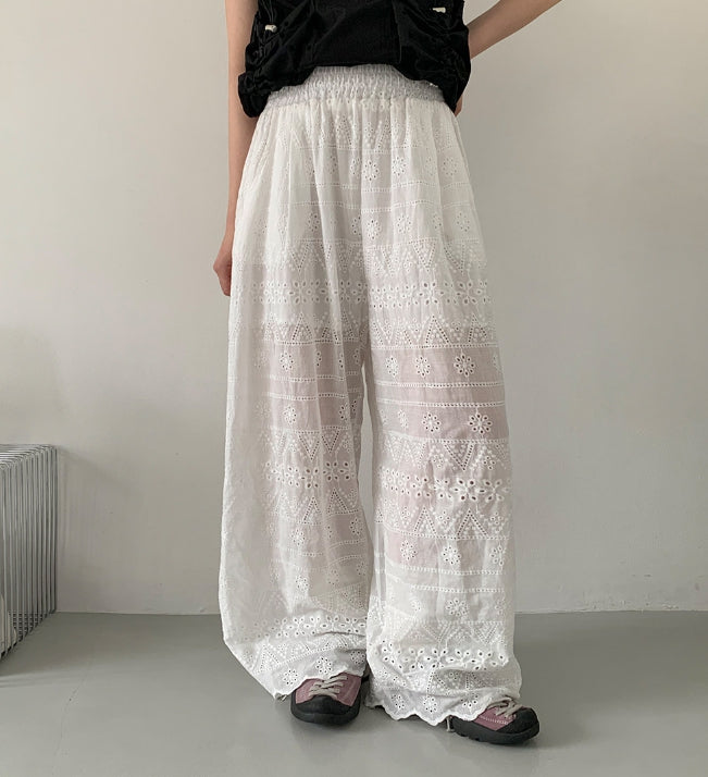 【BAON】Nibont Summer Embroidery Punching Banding Wide Pants BAON (バオン) - ニボントサマー刺繍パンチングバンディング