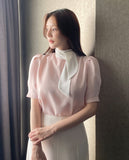 Kain Puff Color Matching Tie-Neck Short Sleeve Blouse