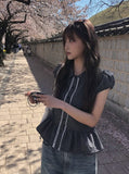 Ripen Check Lace Frill Puff Short Sleeve Shirt
