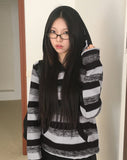 Blon Stripe Color Matching Slim Fit Hood Knit