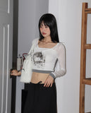Aesthetics Printed Color Matching See-Through Long Sleeve T-Shirt