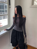Ruffle see-through shirring drape long sleeve