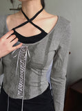Frka lace string sleeveless brushed long sleeve T-shirt