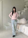 Washed Pocket Cargo Light Blue Long Wide Denim Pants