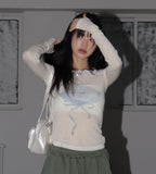 [Wool 30] Chev Rose Lace Off-Shoulder Long Sleeve T-shirt