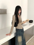 Tully Bokashi Shirring Ribbed Collar Button Long Sleeve Cardigan