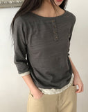 Fayu Flower Color Matching Button Three Quarter T-shirt