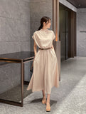 Odd Half-Neck Draped Banding Flare One Piece (Belt Set)