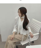 Waist Strap Neck Tie Balloon Puff Blouse