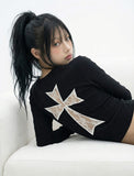 LACE BACK CROSS U-Neck Long Sleeve