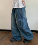 Senmo washed denim banding wide cargo pants