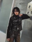 [LANARCH] Amber Leather Pocket Neck Zip-Up