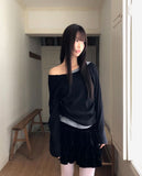 Royu Unbalanced Color Matching Shirring One-Off Shoulder Long Sleeve T-Shirt
