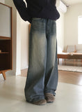 Kame two-way snap button long wide denim pants