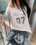 Marill Number Lettering Printed One-Off Shoulder Long Sleeve T-Shirt