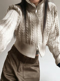 Dual Washing Cable Two-Way High Neck Crop Long Sleeve Knit Zip-Up