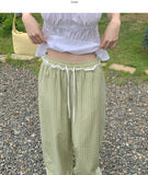 Frill Stripe Vacation Look Summer Wide Banding Pants