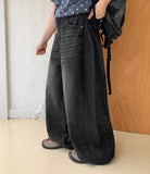 [unisex] Lindo cat washing snap button folding wide denim pants