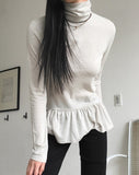 Hawk Frill Shirring Layered Brushed Turtleneck T-Shirt