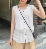 Yenmi Linen Check Button Sleeveless Blouse