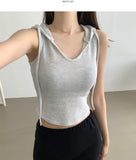 Waffle V-neck Hood Sleeveless Knit T-shirt