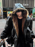 Zeoni Fur Trimming Hood Dark Black Leather Jumper