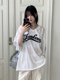 Yankees Boxy Mesh Lettering Wappen Uniform V-Neck Short Sleeve T-Shirt