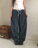 Kaea check color matching frill banding wide pants