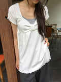Nahills Shirring Short Sleeve Layered Ribbon Ribbed Tee