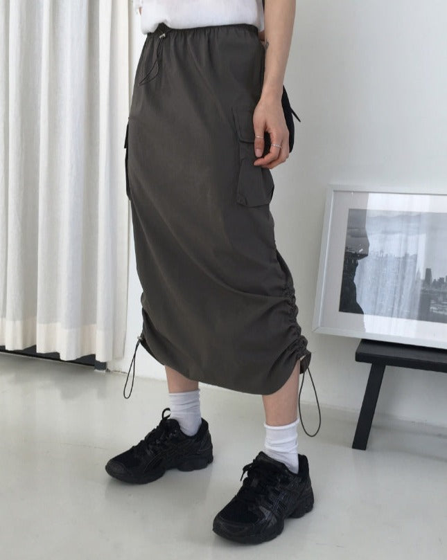 Hatem Side Shirring Nylon Cargo Long Skirt