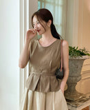 Okan Round Neck Pintuck Sleeveless Blouse (Belt Set)