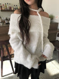 [Muffler Set/Wool Knit] Cozen Off-Shoulder Loose Fit Tie Knit