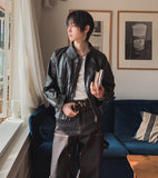Frill High Neck Balloon Leather Jacket