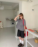 Mingo Check Shirring Short Sleeve Blouse