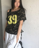 Ray Camo Number Print Off Shoulder Shirring Short Sleeve T-Shirt
