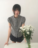 Chili Check Frill Puff Short Sleeve Blouse