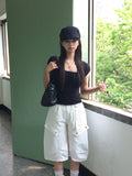 Bogi Shirring Flower Embroidery Slim Short Sleeve T-shirt