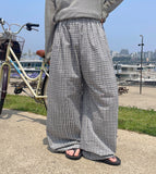 [BAONHAUS] Revish Summer Seersucker Check Banding Wide Pants