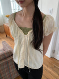 The Mill Shirring Ribbon Lace Short Sleeve Blouse