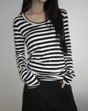 Juka Striped U-Neck Long Sleeve T-Shirt