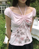 Rosen Flower Print Shirring Short Sleeve T-Shirt